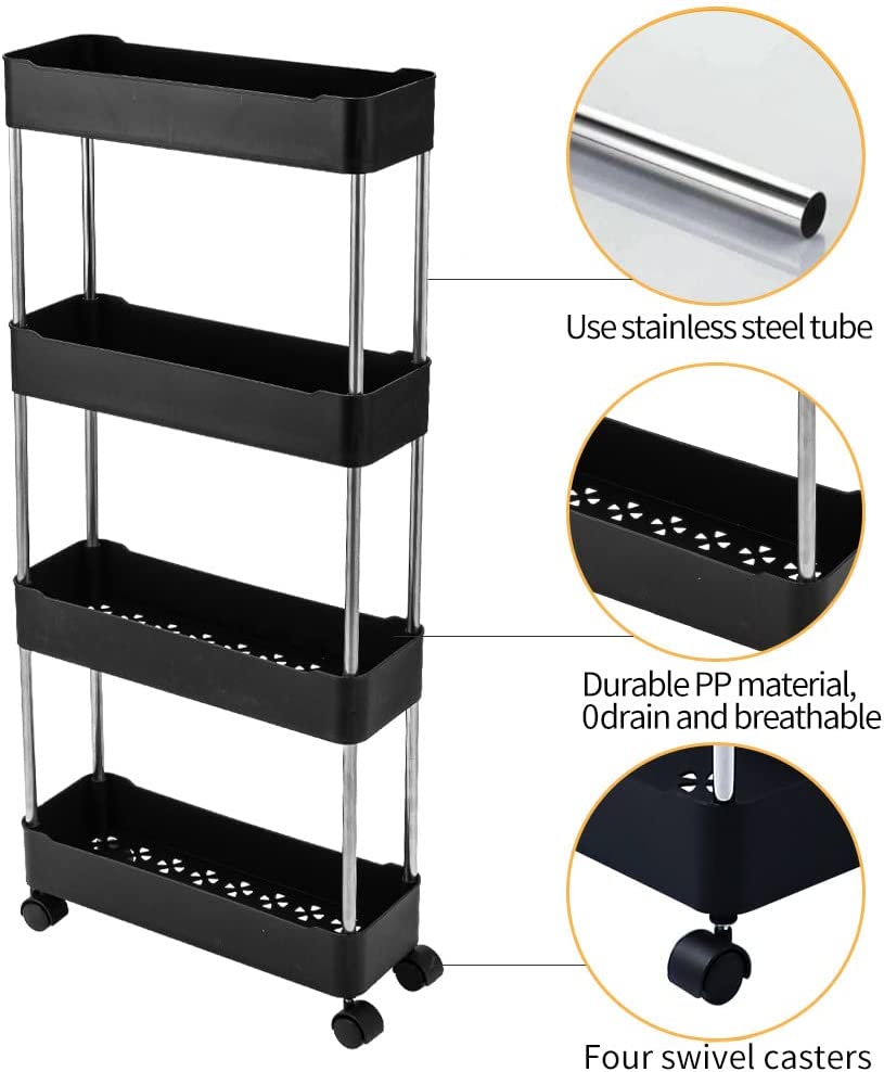 Q.Y.HOME Assemble Cart Mobile Shelving Unit Organizer, Gap Storage Slim Slide Out Pantry Storage Rack for Kitchen Bathroom Laundry Narrow Places (4 Tier, Black)