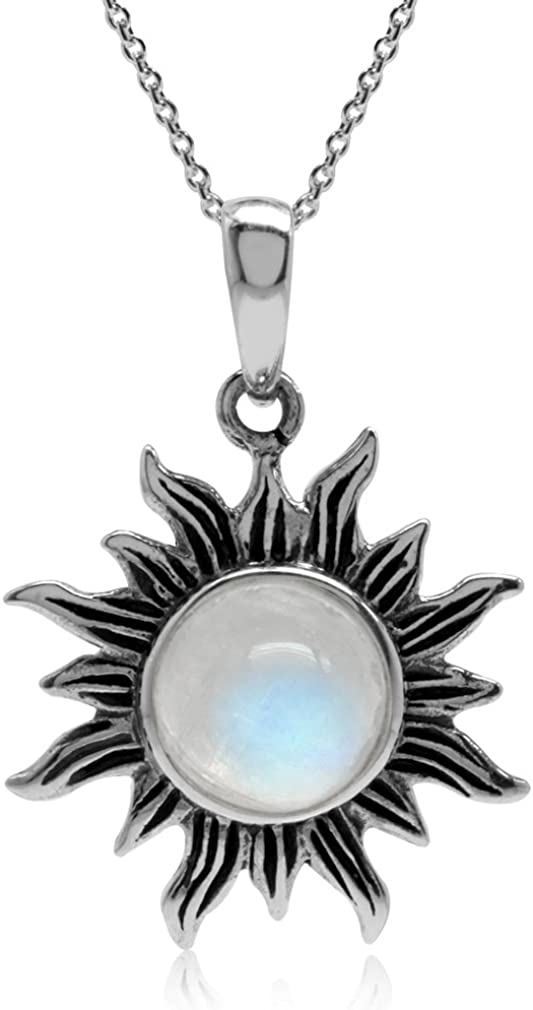 Silvershake 8MM Natural Moonstone 925 Sterling Silver Sun Ray Inspired Pendant with 18 Inch Chain Necklace
