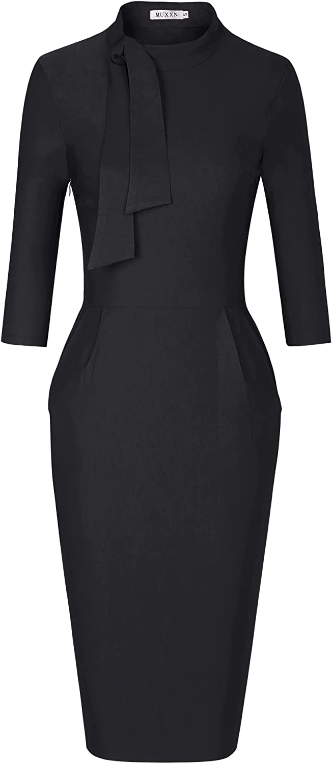 Women's Classic Vintage Tie Neck Formal Cocktail Dress with Pocket