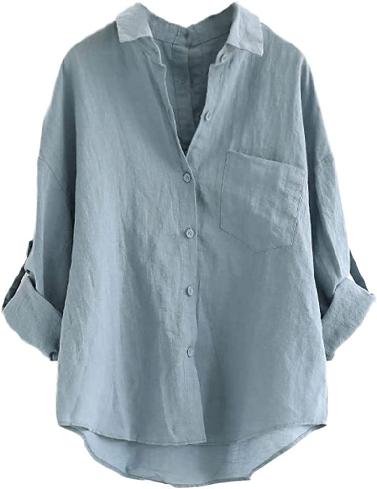 Women's Linen Blouse High Low Shirt Roll-Up Sleeve Tops