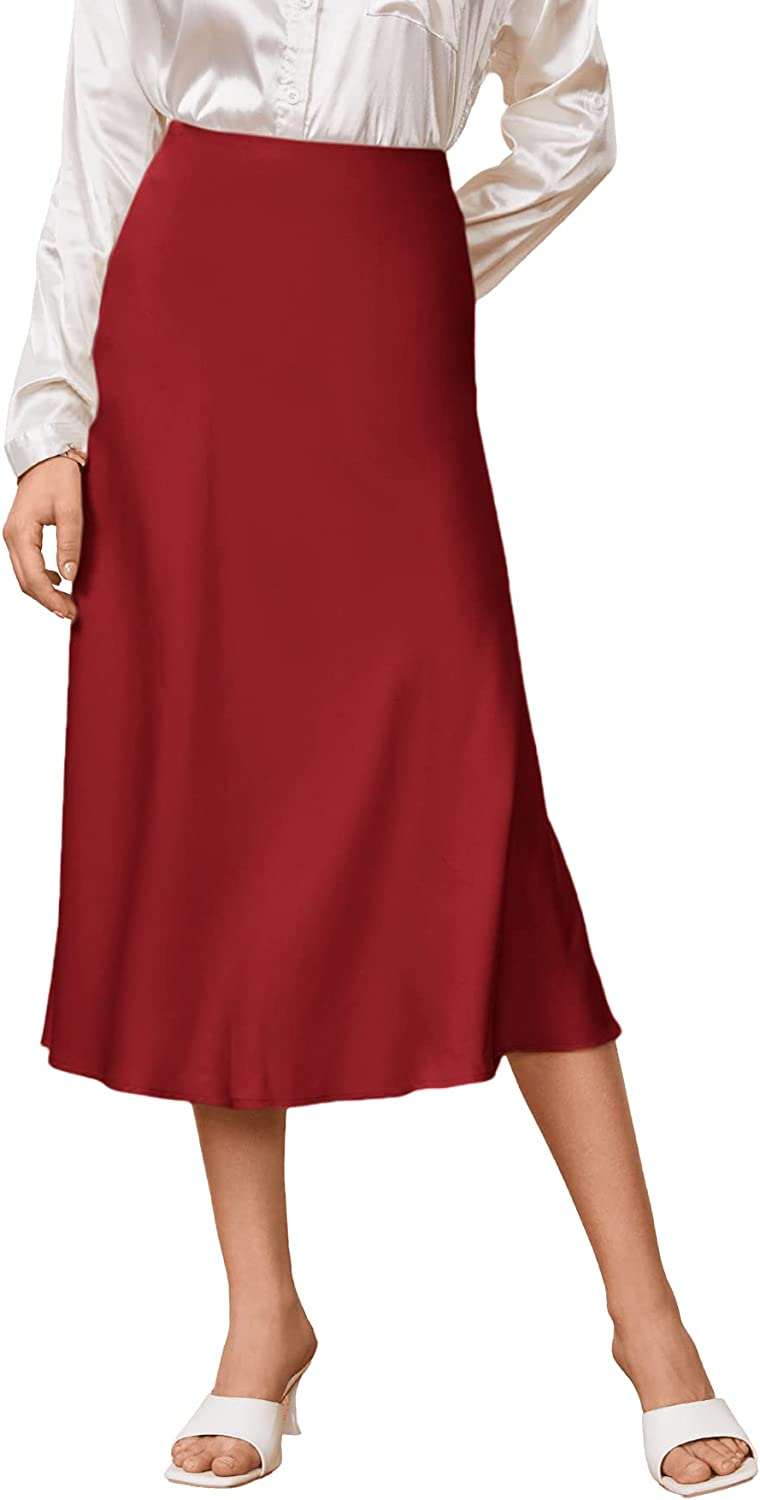 Women's High Waist A Line Skirts Solid Zipper Up Flared Midi Skirt