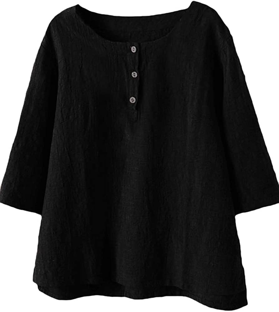 Women's 3/4 Sleeve Cotton Linen Jacquard Blouses Top T-Shirt