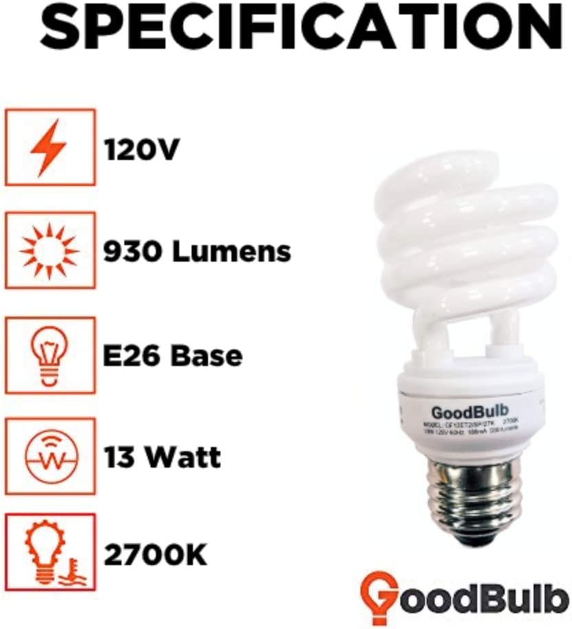 13 Watt Compact Fluorescent Bulb - Warm White Light Bulb - Ultra Mini Spiral CFL Light Bulbs - 2700K - E26 Base - 2 Pack - GoodBulb