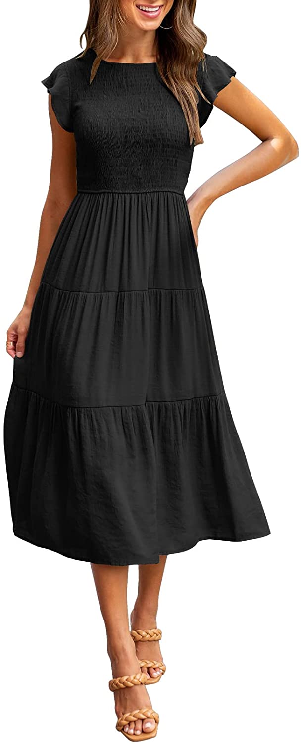 Women's Summer Casual Midi Maxi Dress Boho Flutter Sleeve Smocked A-Line Long Dress