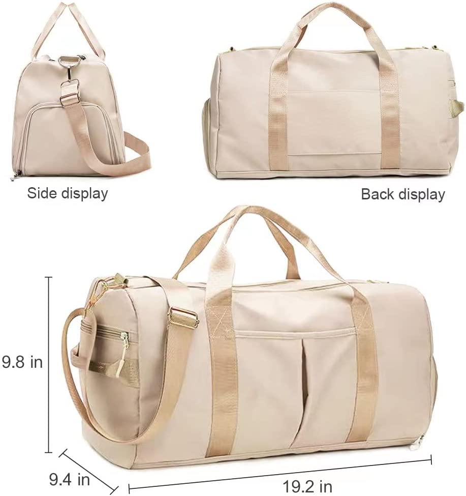 Small Gym Bag for Women and Men, Workout Bag for Sports and Weekend Getaway, Waterproof Dufflebag with Shoe and Wet Clothes Compartments (Beige)