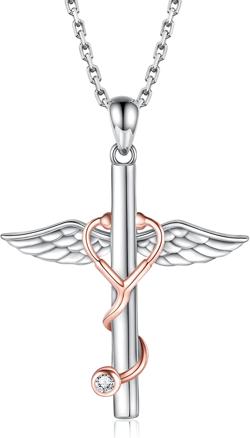 Sterling Silver Medicine Pendant Jewelry: Stethoscope Cross Earrings Angel Wing Faith Necklace for Women Nurse Doctor Graduation Gift for Medical Students