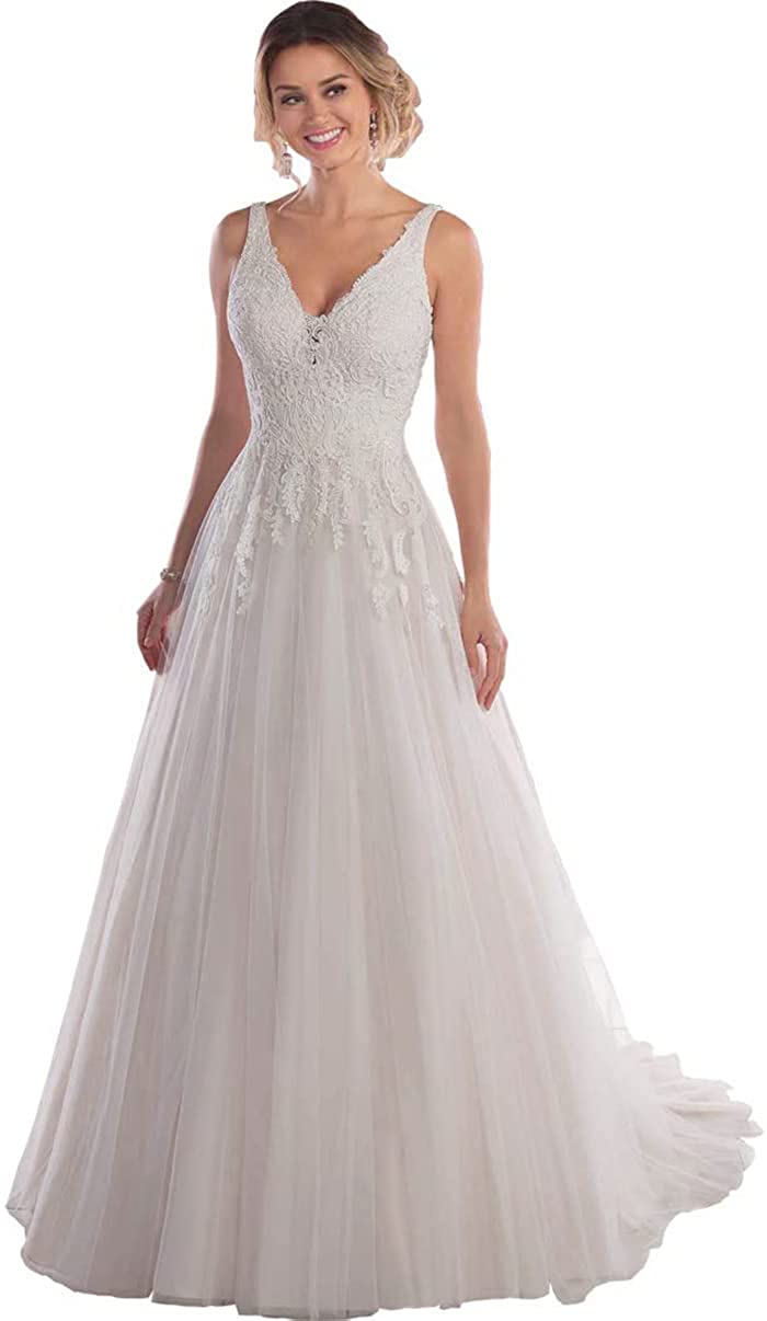 Women's Boho Wedding Dresses for Bride A-line V-Neck Lace Tulle Beach Bridal Gowns