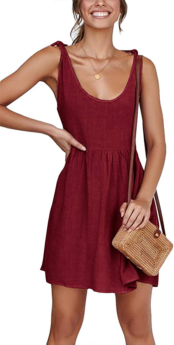 Womens Summer Shoulder Tie Strap Babydoll Dress Casual Scoop Neck A-Line Skater Swing Mini Sundress