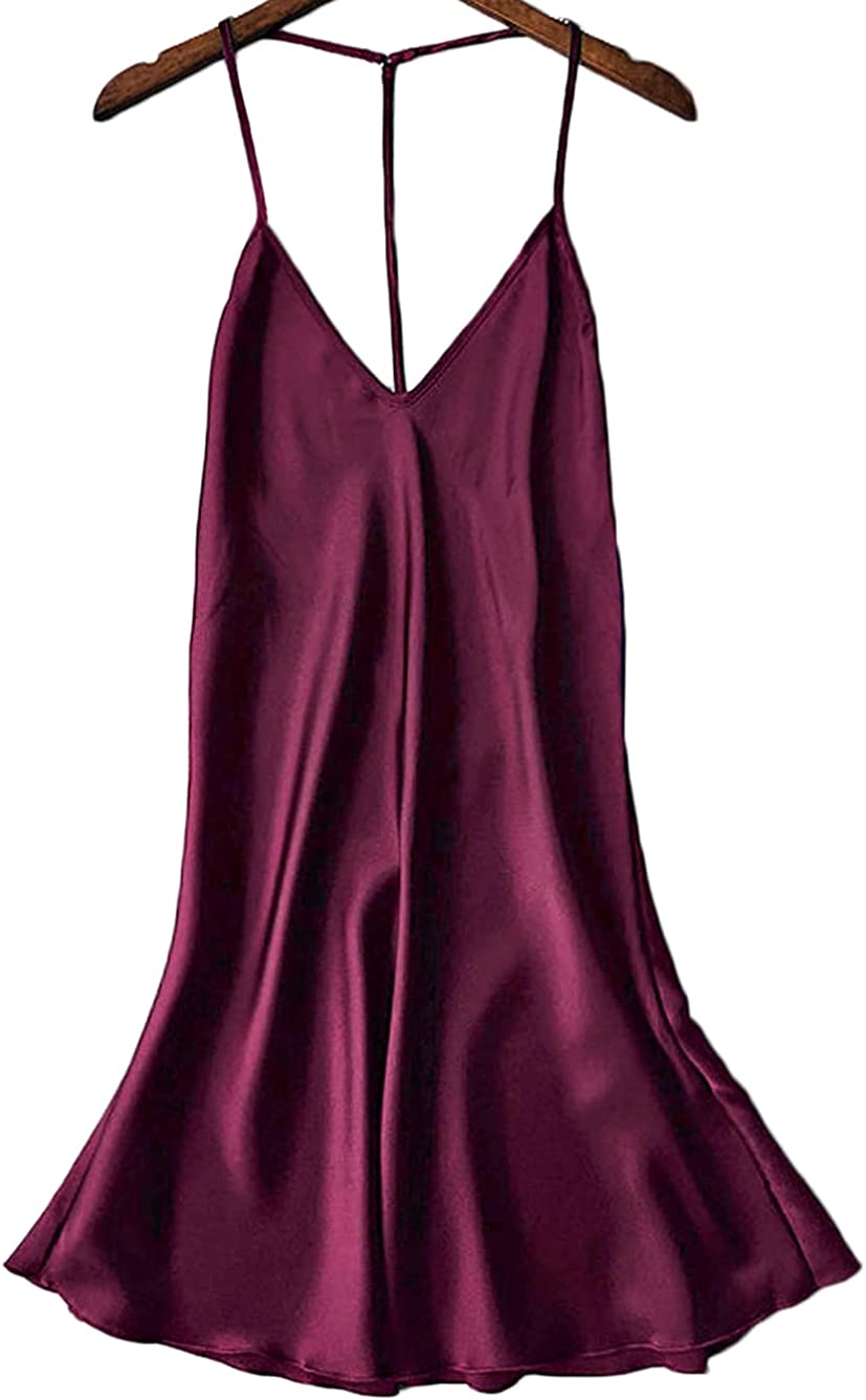 Kaei&Shi Silky Satin Nightie,Backless Lingerie for Women,Loose Sleepwear,Mini Nightgown,Spaghetti Strap Chemise