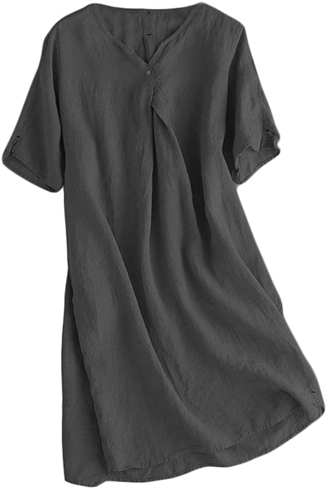 Women's Linen Tunic Dresses V-Neck Baggy Midi Dress Hi-Low Tops