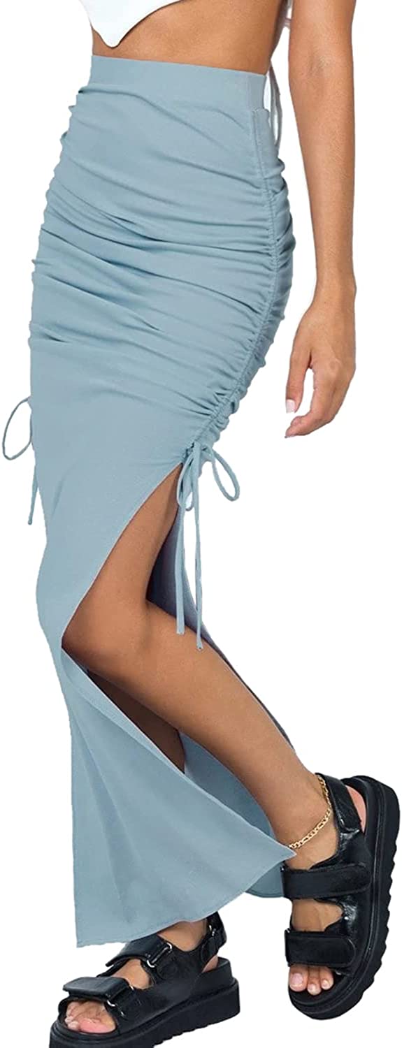 Women's Sexy High Waist Split Midi Skirts Adjust Drawstring Side Maxi Skirts