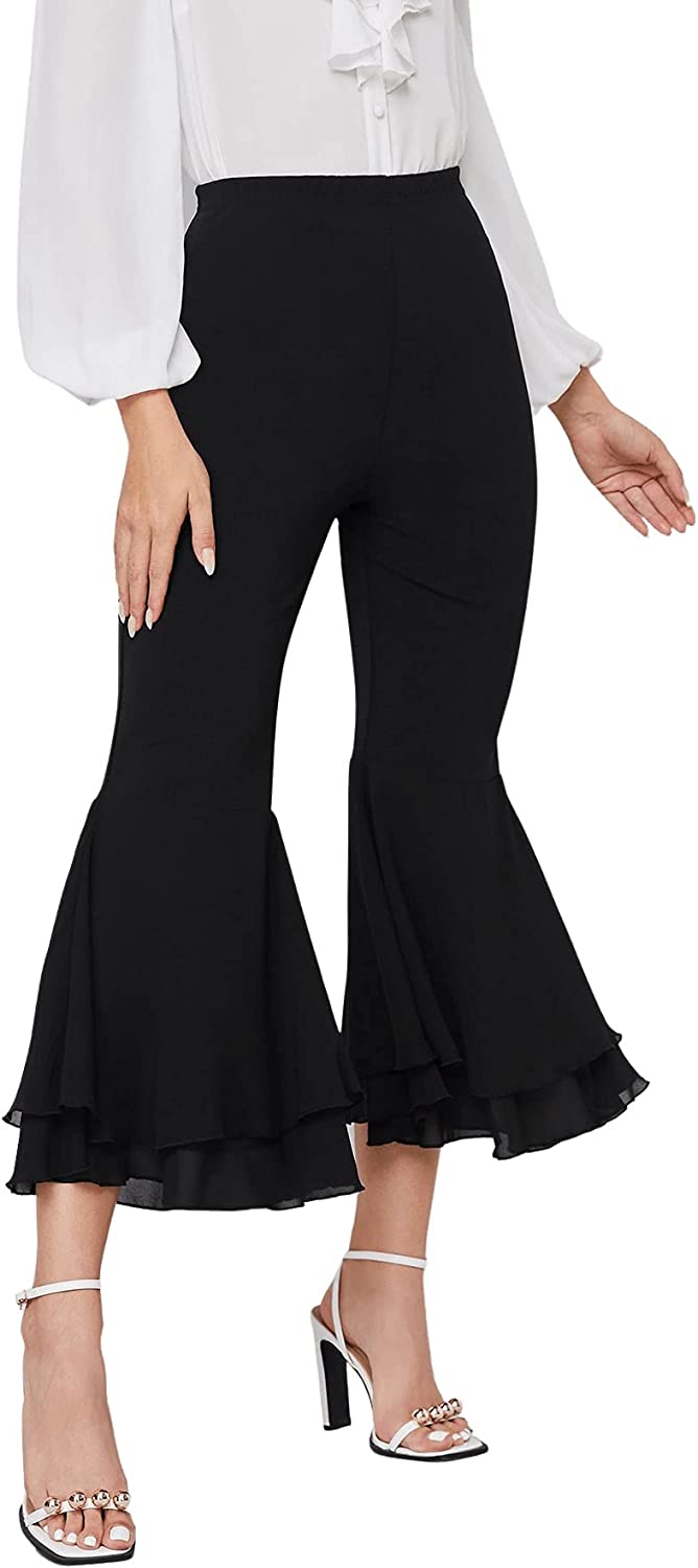 Women's Elastic Waist Layered Ruffle Flare Bell Cropped Pant