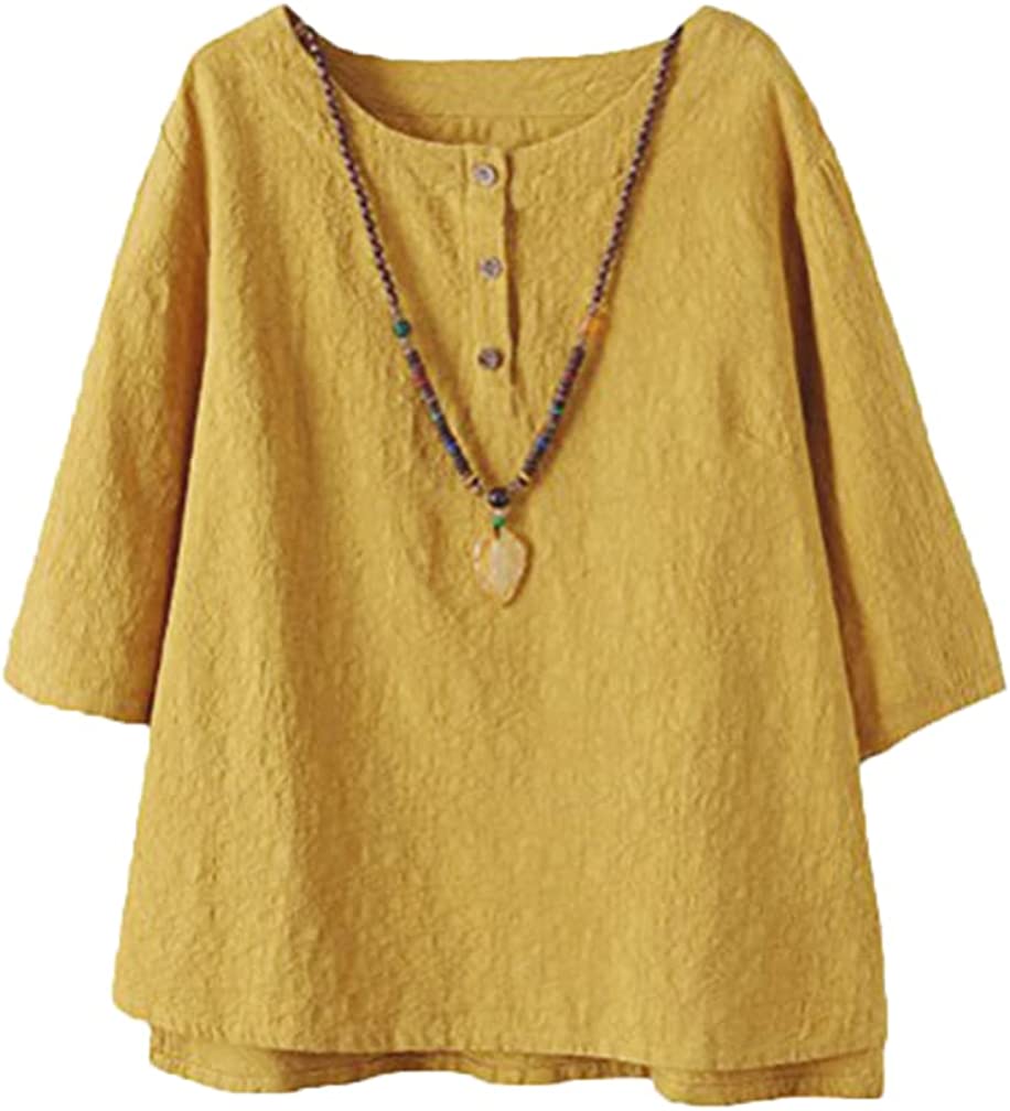 Women's 3/4 Sleeve Cotton Linen Jacquard Blouses Top T-Shirt