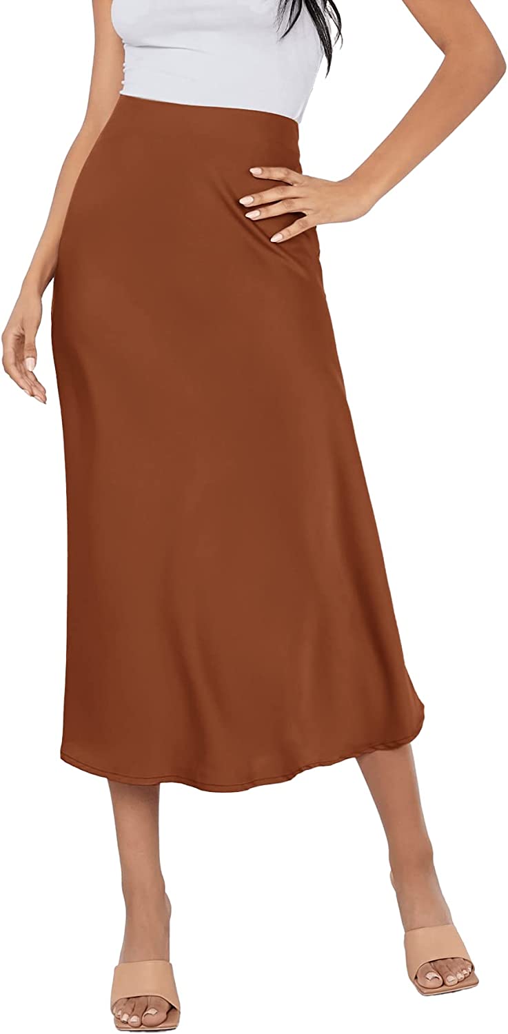 Women's High Waist A Line Skirts Solid Zipper Up Flared Midi Skirt