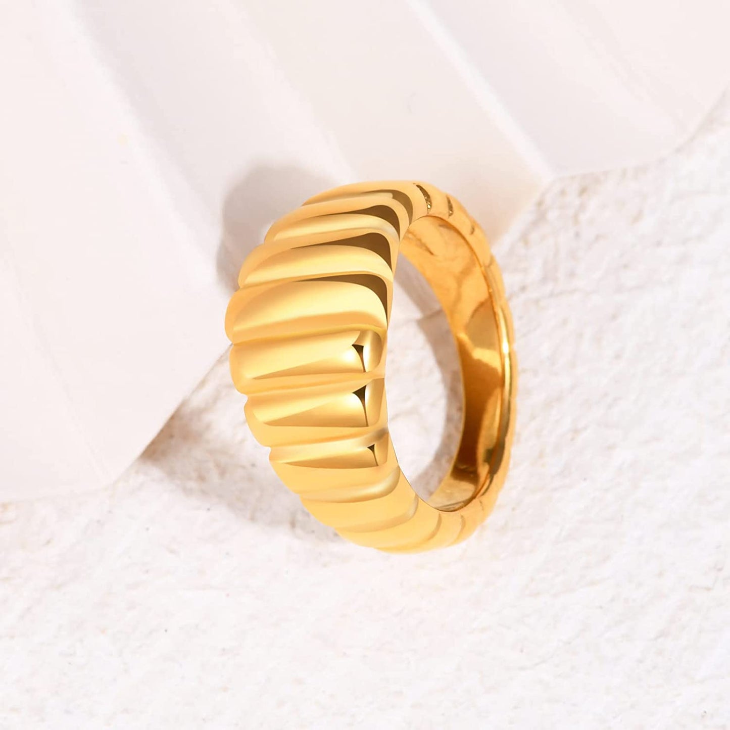 18k Gold Plated Croissant Chunky Band Ring, Ribbed Trendy Titanium Steel Statement Ring, Minimalist Dome Stackable Ring for Women and Men