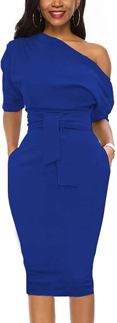 Womens Wear to Work Casual one Shoulder Belted Pencil Dress with Pockets
