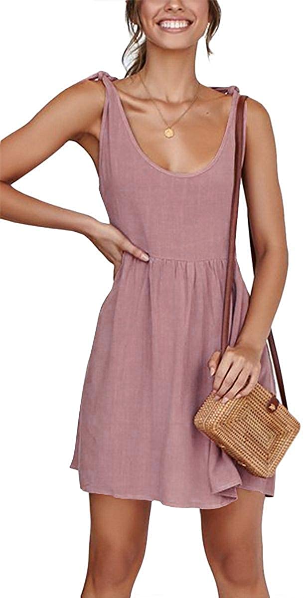 Womens Summer Shoulder Tie Strap Babydoll Dress Casual Scoop Neck A-Line Skater Swing Mini Sundress