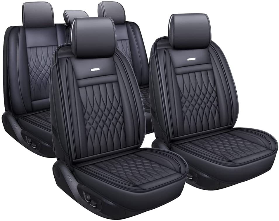 5 Car Seat Covers Full Set with Waterproof Leather Universal Fit for Elantra Sonata Sportage RAV4 CRV Altima Accord Chevy Equinox (Black Full Set)