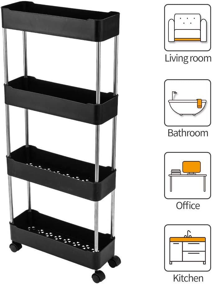 Q.Y.HOME Assemble Cart Mobile Shelving Unit Organizer, Gap Storage Slim Slide Out Pantry Storage Rack for Kitchen Bathroom Laundry Narrow Places (4 Tier, Black)