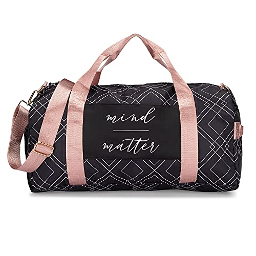 Bag for Women with Shoe Compartment and Wet Pocket | Lightweight Gym Duffle with Motivational Quote and Graphic Designs | Great for Working Out, Travel, and Overnights | Black/Rose - Diamond