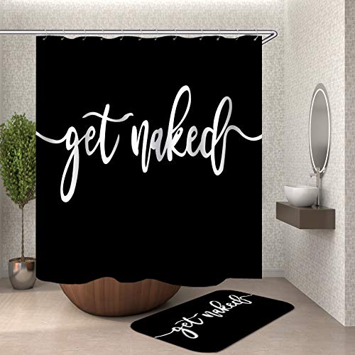 CurtainKing 2Pcs Shower Curtain Set with Non-Slip Rug Black Background White Get Naked Funny Polyester Fabric Bath Curtain and Bath Mat