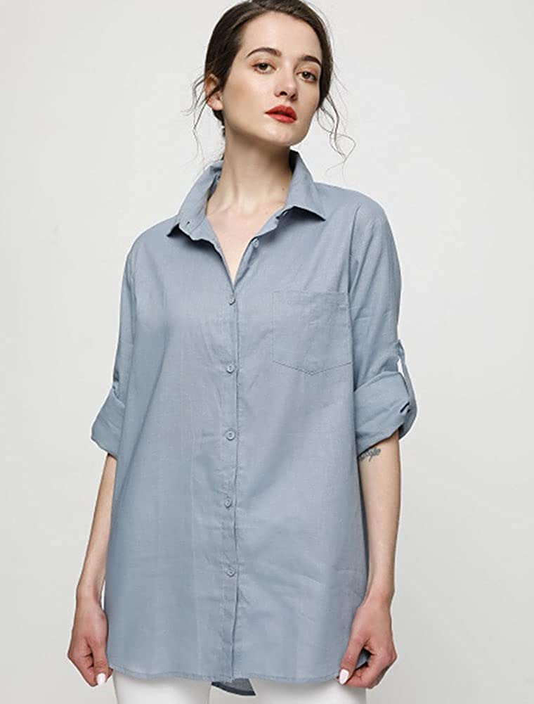 Women's Linen Blouse High Low Shirt Roll-Up Sleeve Tops