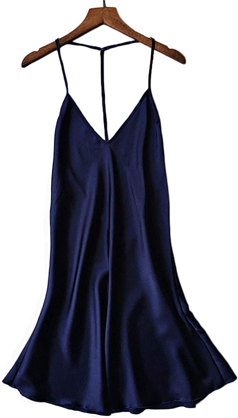 Kaei&Shi Silky Satin Nightie,Backless Lingerie for Women,Loose Sleepwear,Mini Nightgown,Spaghetti Strap Chemise