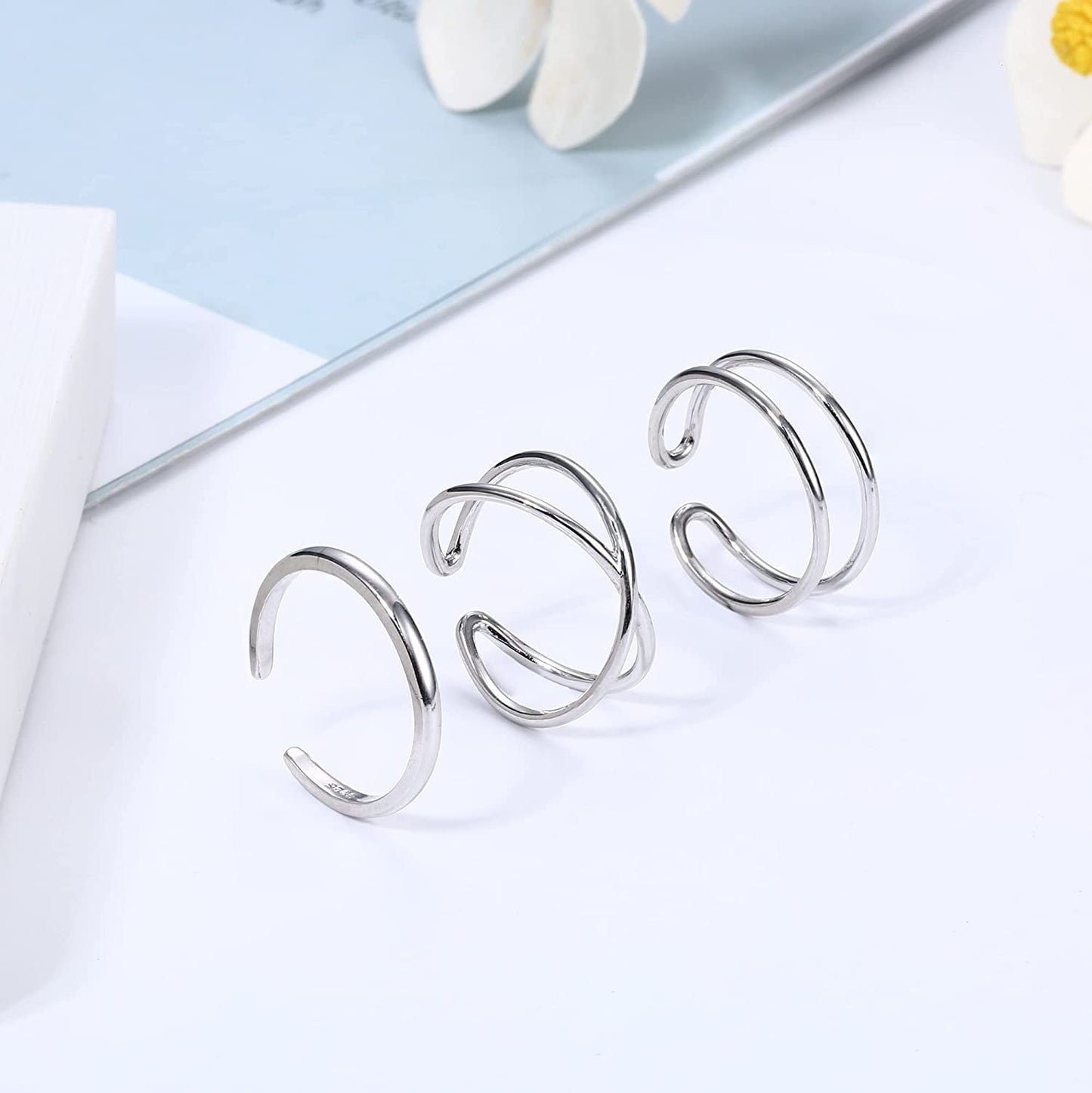 3Pcs 925 Sterling Silver Open Adjustable Rings for Women Men Stackable Cross Arrow Heart Moon&Star Paperclip Rings Hypoallergenic Thumb Knuckle Simple Ring Set Size 6-9