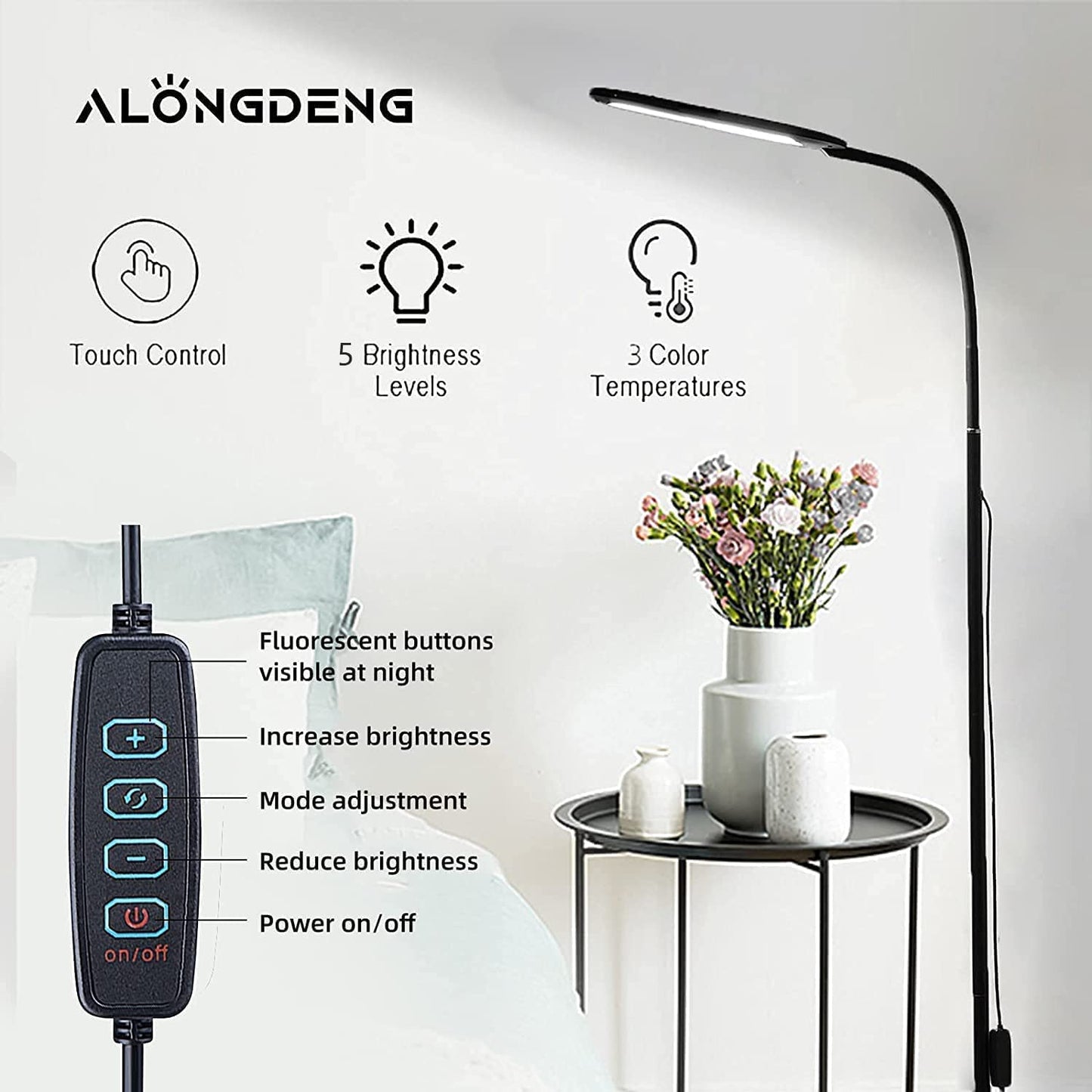 ALongDeng LED Floor Lamp with Adjustable Gooseneck, Height Adjustable Modern Standing Lamp, 5 Brightness Levels & 3 Color Temperatures, 14W Dimmable Reading Lamps for Bedroom Office Living Room Piano