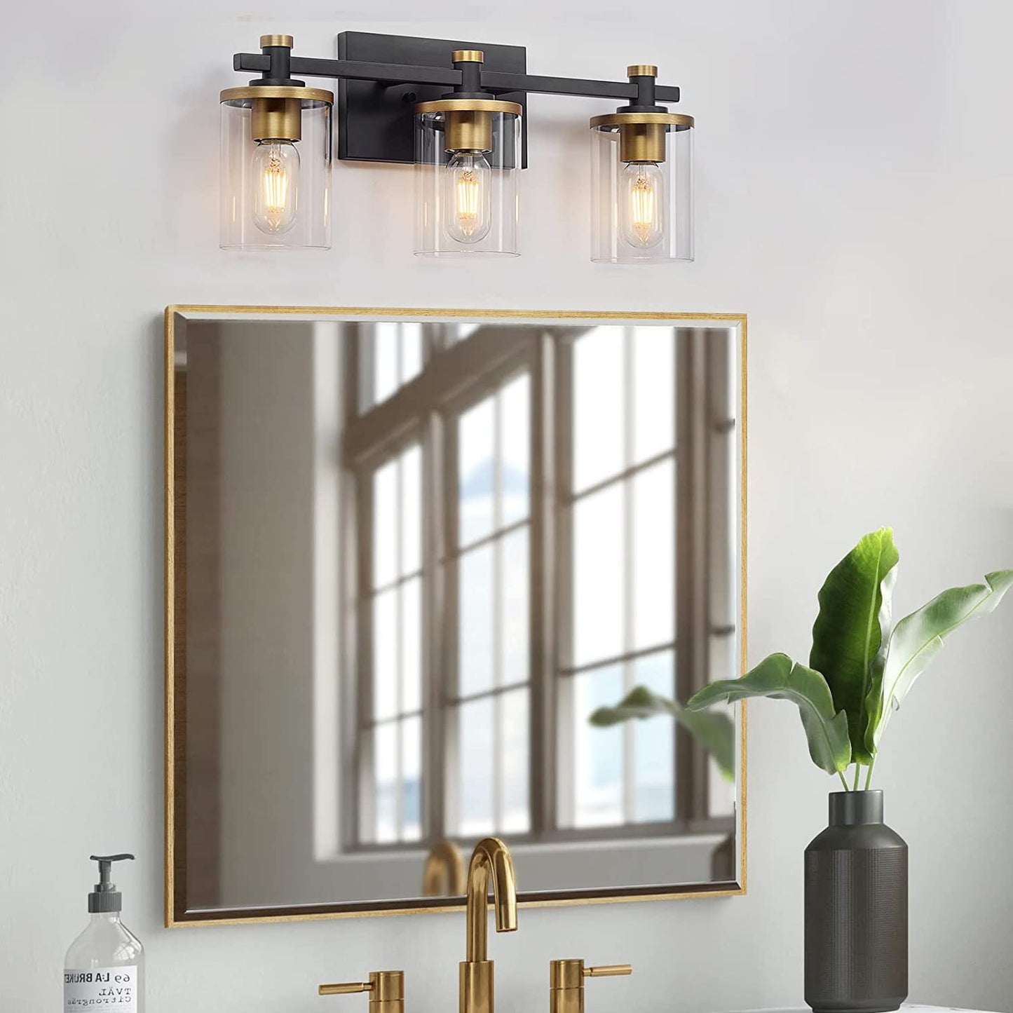 3 Light Bathroom Vanity Light Fixtures, Modern Black and Gold Vanity Lights Over Mirror, Vintage Wall Sconce with Clear Glass Shade, Brushed Gold Vanity Lights for Bathroom