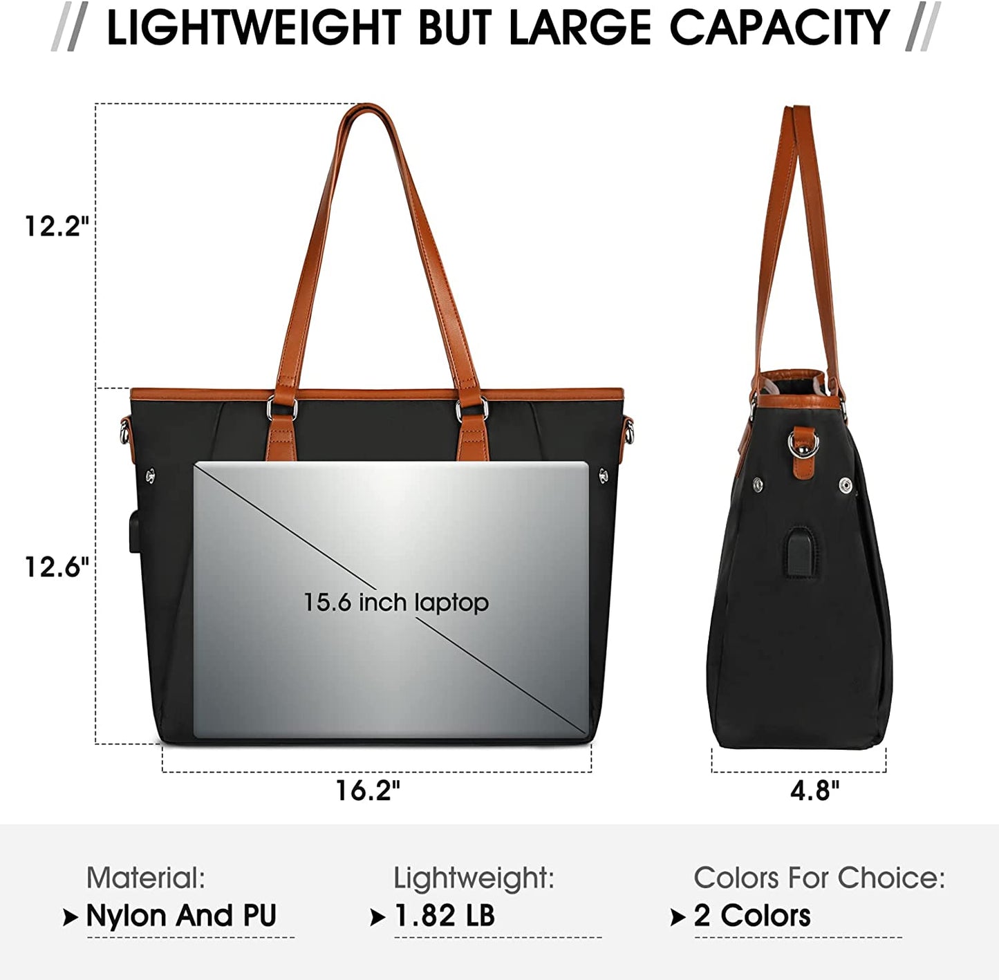 Laptop Bag for Women 15.6 Inch USB Teacher Bag Work Tote Bag Large Work Bags Waterproof Nylon Computer Tote Bag Lightweight Office Briefcase Shoulder Handbag Purse Black