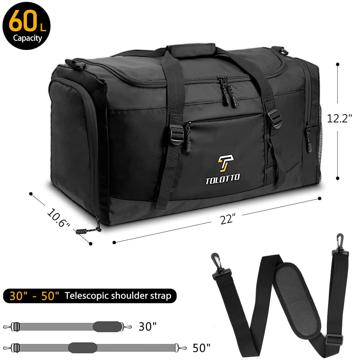 Sport Gym Bag for Men, Tolotto Travel Duffel Bag with Wet Pocket & Shoes Compartment for Men/Women - Carry on Shoulder Weekender Bag, Lightweight & Waterproof (Black)