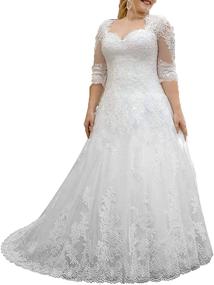 Women's Lace Wedding Dresses for Bride with 3/4 Sleeves Plus Size Bridal Gown