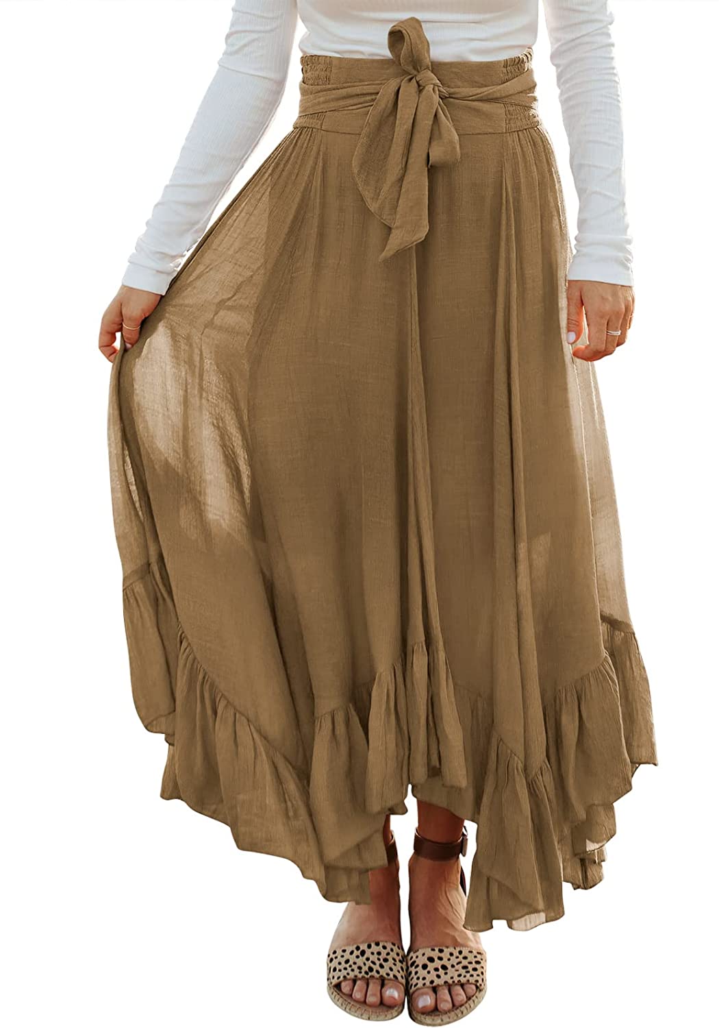 Women’s Maxi Skirt High Waist Tie Front Pleated Flowy Ruffle Asymmetric Long Skirts