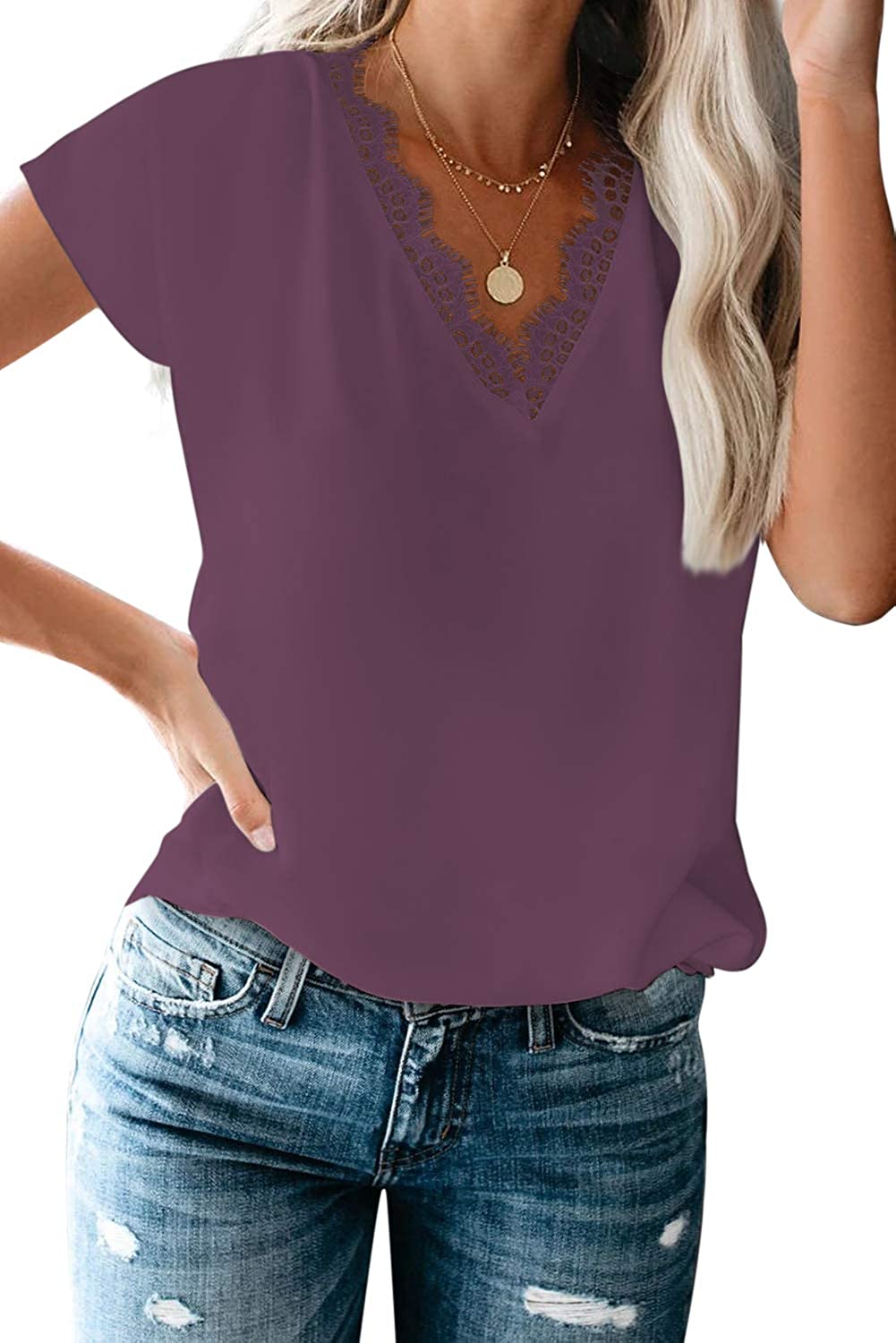 Dressy Lace Trim Blouse Tops Popular Short Sleeve Shirt