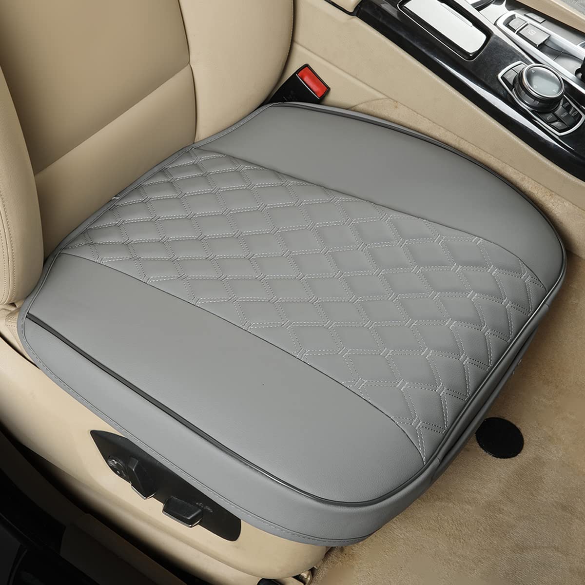 Luxury Faux Leather Car Seat Cover Front Bottom Seat Cushion Cover, Anti-Slip and Wrap Around The Bottom, Fits 95% of Vehicles- 1 Piece, Beige