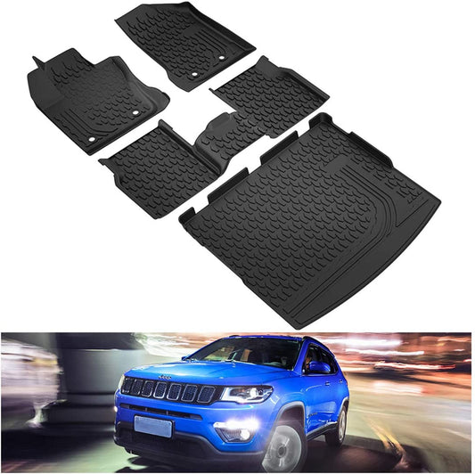 Floor Mats & Cargo Liners Set Compatible for 2017-2022 Jeep Compass Accessories Front & 2nd Row Seat Trunk All Weather Mat Slush Liner Black