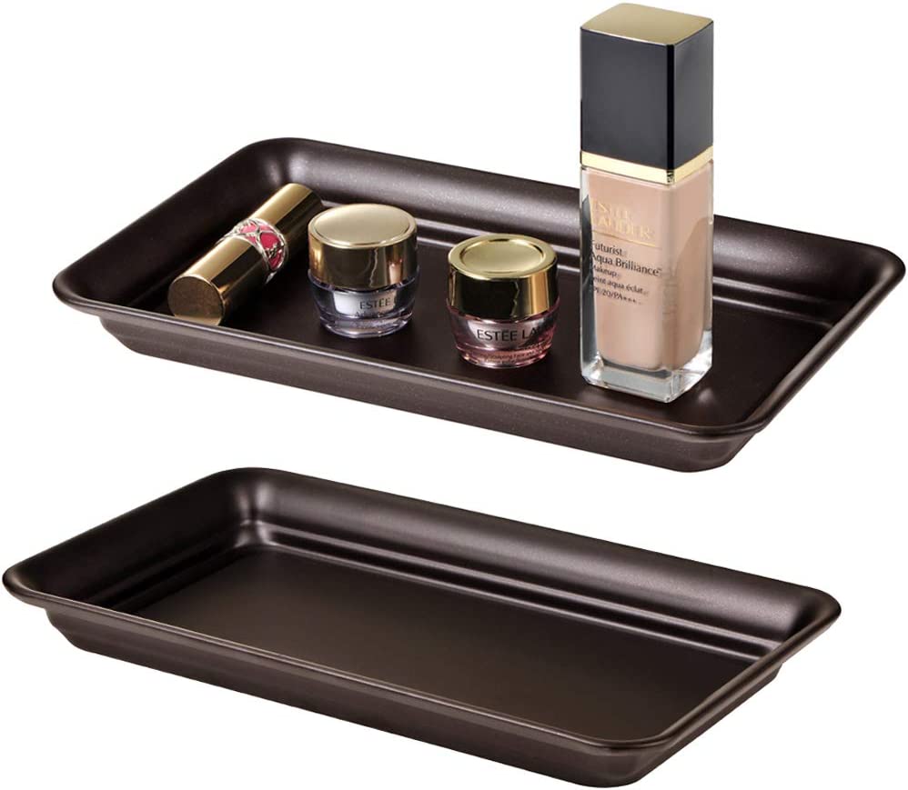 Metal Vanity Tray(2 Pack),Countertop Guest Hand Towel Storage Organizer Tray Dispenser, Sturdy Holder for Perfume,Cosmetics, Jewelry, Makeup Bathroom Organizer (Bronze)