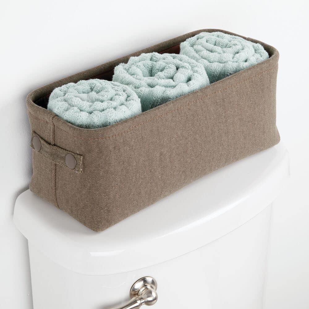 mDesign Soft Cotton Fabric Bathroom Storage Bin with Attached Handles - Organizer for Towels, Toilet Paper Rolls - for Back of Toilet, Cabinets, and Vanities - Espresso Brown