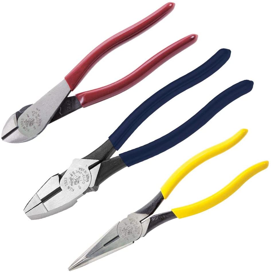 Klein Tools 80020 Tool Set with Lineman's Pliers, Diagonal Cutters, and Long Nose Pliers, with Induction Hardened Knives, 3-Piece