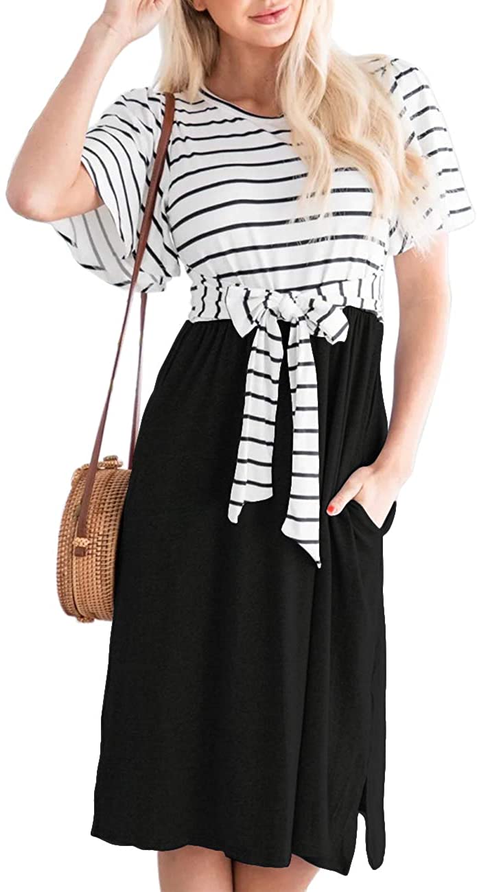 Women's Summer Striped Ruffle Sleeves Tie Waist Pockets Casual Swing Midi Dress