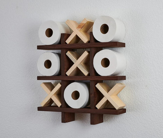 Bath Roll Holder - Tic Tac Toe - Blue Pine - Toilet Paper Display - Bath Room Decor - Bath Room Organization - Handmade 16 x 16 (Stained/Chestnut - X Black)