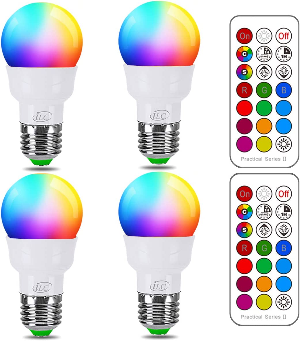 LED Light Bulb, Color Changing Light Bulb, 40W Equivalent, 450LM, 2700K Warm White 5W E26 Screw Base RGBW, Flood Light Bulb- 12 Color Choices - Timing Infrared Remote Control (4 Pack)