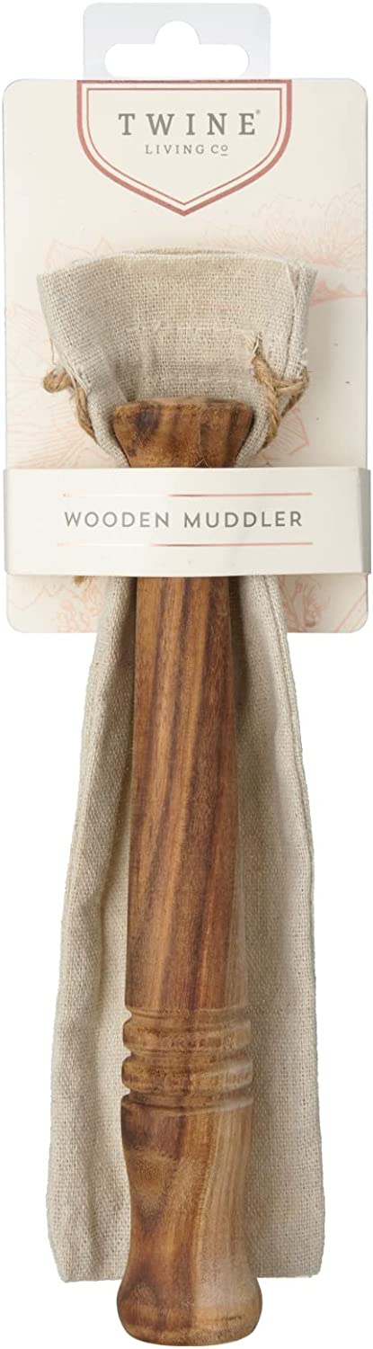 Twine Acacia Wood Muddler, Bar Accessory and Cocktail Drinkware Tool, Kitchen Essential with Jute Storage Pouch, Set of 1, Wood Grain