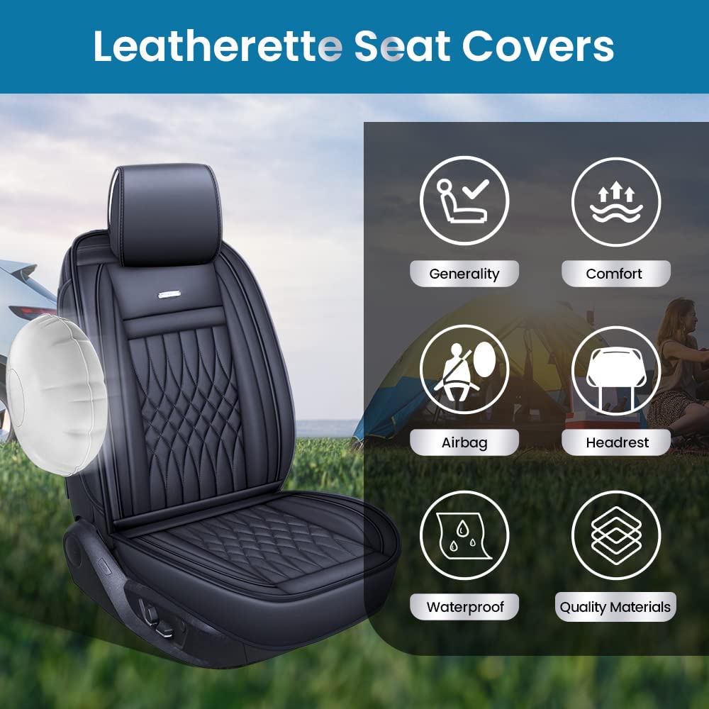 5 Car Seat Covers Full Set with Waterproof Leather Universal Fit for Elantra Sonata Sportage RAV4 CRV Altima Accord Chevy Equinox (Black Full Set)
