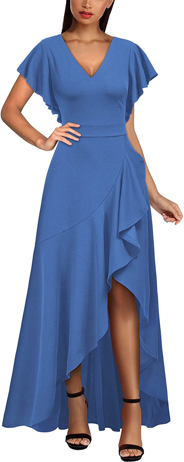 Women's Formal V Neck Ruffle Split Evening Party Long Dress