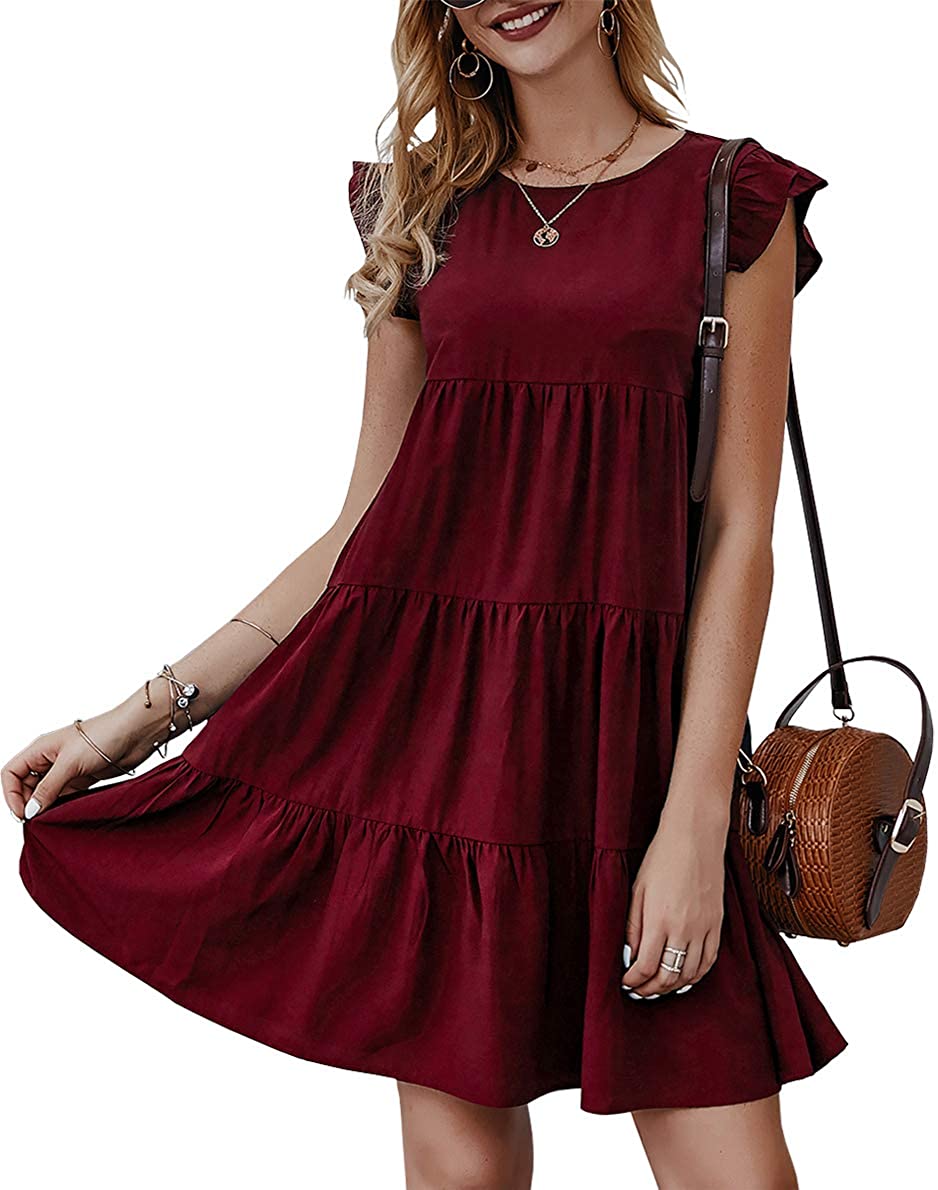 Women’s Summer Dress Sleeveless Ruffle Sleeve Round Neck Mini Dress Solid Color Loose Fit Short Flowy Pleated Dress