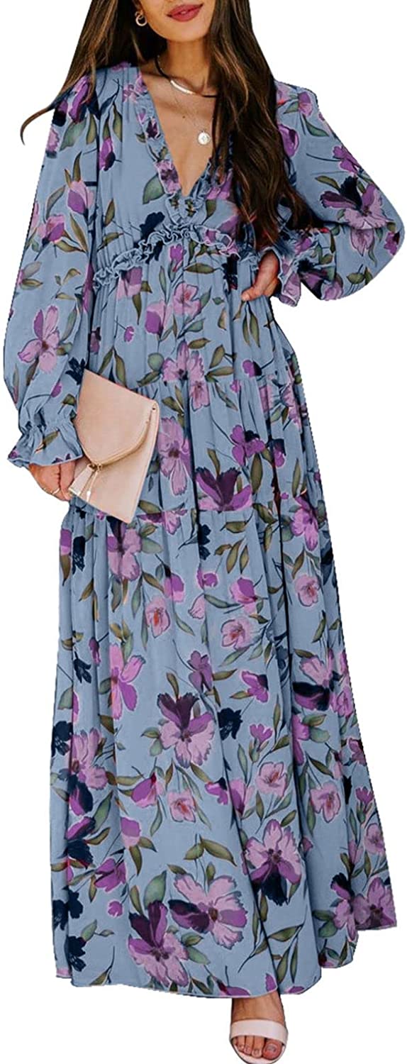 Womens Casual Floral Deep V Neck Long Sleeve Long Evening Dress Cocktail Party Maxi Wedding Dresses