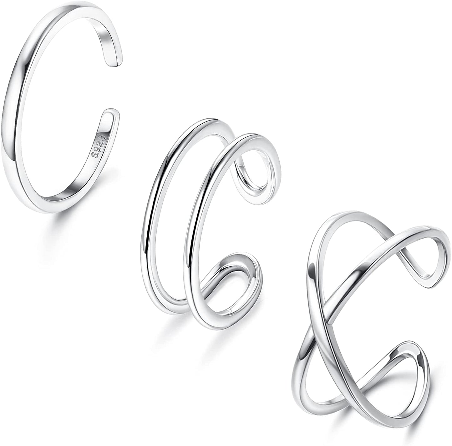 3Pcs 925 Sterling Silver Open Adjustable Rings for Women Men Stackable Cross Arrow Heart Moon&Star Paperclip Rings Hypoallergenic Thumb Knuckle Simple Ring Set Size 6-9