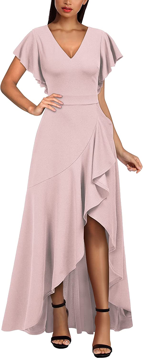Women's Formal V Neck Ruffle Split Evening Party Long Dress
